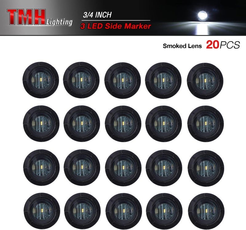TMH (Pack of 20) 3/4 Inch Smoked Lens White LED DC 12V Round Side Marker Light Indicator Clearance Lamp Bullet Shape Universal for Trailer Truck RV Cab Bus Van Tow Flatbed Pickup Waterproof - Image 2